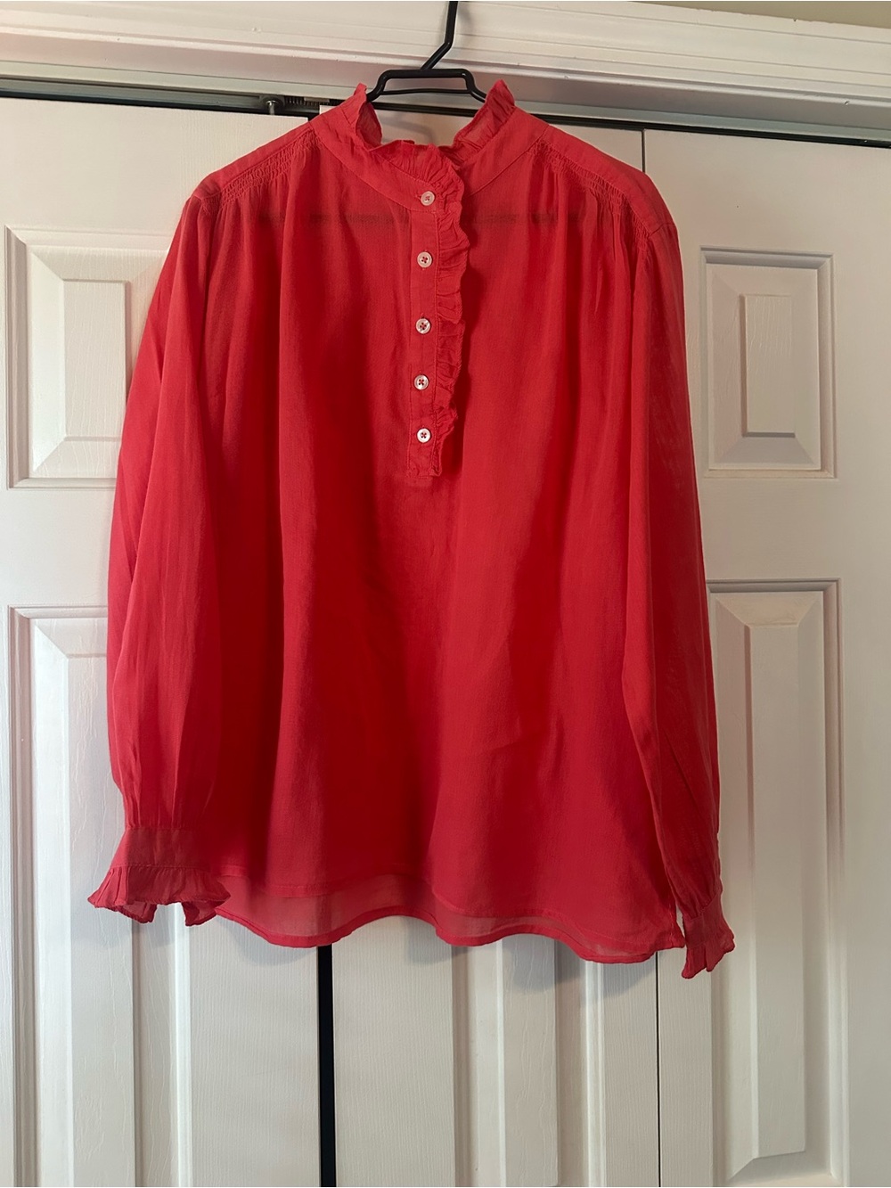 Sundry Coral Pink Ruffle Neck Popover Blouse